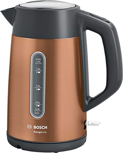 Bosch kabelloser Wasserkocher DesignLine TWK4P439, Ausgießen ohne Spritzer, Tassenanzeige, Wasserstandsanzeige beidseitig, Überhitzungsschutz, 1,7 L, 2400 W, kupfer von Bosch Hausgeräte
