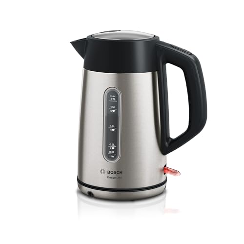 Bosch kabelloser Wasserkocher DesignLine TWK4P440, Ausgießen ohne Spritzer, Tassenanzeige, Wasserstandsanzeige, Überhitzungsschutz, 1,7 L, 2400 W, Edelstahl/schwarz von Bosch Hausgeräte