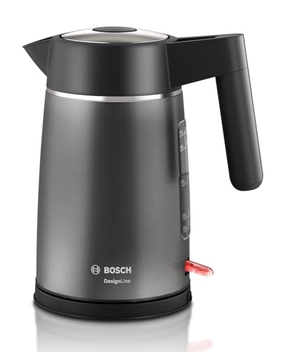 Bosch kabelloser Wasserkocher DesignLine TWK5P475, Ausgießen ohne Spritzer, Tassenanzeige, extra große Wasserstandsanzeige, Überhitzungsschutz, 1,7 L, 2400 W, grau von Bosch Hausgeräte