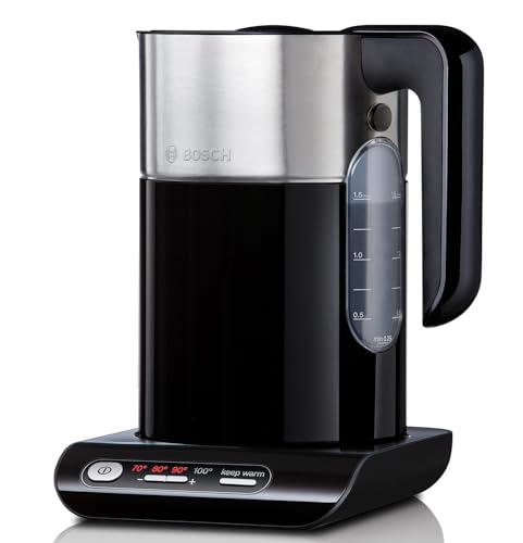 Bosch kabelloser Wasserkocher TWK8613P, Abschaltautomatik, Überhitzungsschutz, Temperaturwahl, Warmhaltefunktion, 1,5 L, 2400 W, schwarz von Bosch Hausgeräte