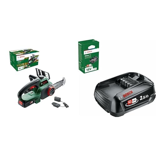 Bosch Akku Kettensäge Universalchain 18 (1 Akku, 18 Volt System, im Karton) & 18 Volt Ersatz Akku (2,5 Ah, kompatibel mit allen Geräten des grünen Bosch Home & Garden 18 Volt Systems) von Bosch Home and Garden