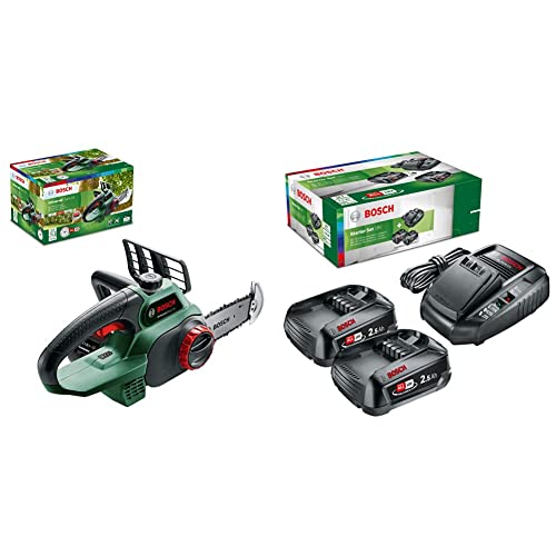 Bosch Akku Kettensäge Universalchain 18 (ohne Akku, 18 Volt System, im Karton) & Bosch Starter-Set 18V (2x 2.5 Ah Akkus, 18 Volt System, Ladegerät, im Karton) von Bosch Home and Garden