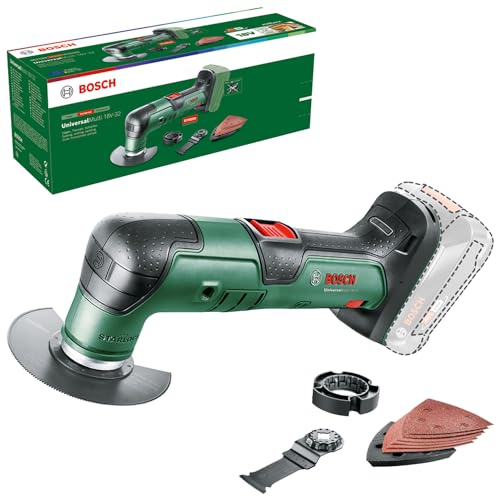 Bosch Akku-Multifunktionswerkzeug UniversalMulti 18V-32 (zum Sägen, Schneiden, Schleifen; 1x Segmentsägeblatt; 1x Tauchsägeblatt; 1x Schleifplatte; 6x Schleifblätter; 1x Tiefenanschlag; ohne Akku) von Bosch Home and Garden