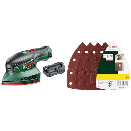 Bosch Akku Multischleifer EasySander 12 (2 Akku, 12 Volt System, im Koffer) + 25tlg. Schleifblatt Set (verschiedene Materialien, Körnung 40/80/120/180, 11 Löcher) von Bosch Home and Garden