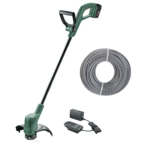 Bosch Akku Rasentrimmer EasyGrassCut 18-230 (1x Akku, 18 Volt System, Schnittkreisdurchmesser 23 cm, im Karton) + Trimmerfaden zum Auffüllen aller Aktuellen Trimmerspulen﻿﻿ (24 m × 1.6 mm, 1 Stück) von Bosch Home and Garden