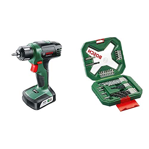 Bosch Akkuschrauber EasyDrill 12 (integrierter Akku, 12 Volt, in Tasche) + Bosch 34tlg. X-Line Classic Schrauber und Bohrer Set (Holz, Stein und Metall, Zubehör für Bohrmaschinen) von Bosch Home and Garden