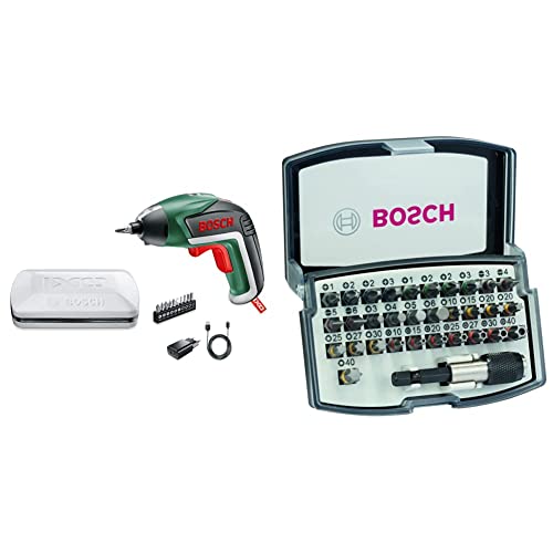 Bosch Akkuschrauber IXO (5. Generation, in Aufbewahrungsbox), Klassisch grün + 32tlg. Schrauberbit Set Extra Hart (Kreuzschlitz-, Pozidriv-, Hex-, T-, TH-, S-Bit, Zubehör) von Bosch Home and Garden