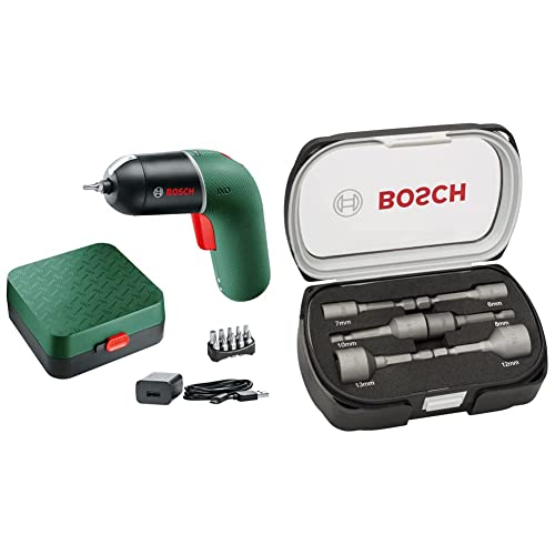 Bosch Akkuschrauber IXO (6. Generation, grün, variable Drehzahlsteuerung, über Micro-USB-Kabel aufladbar, in Aufbewahrungskasten) + 6tlg. Steckschlüssel-Set für Sechskantschrauben von Bosch Home and Garden