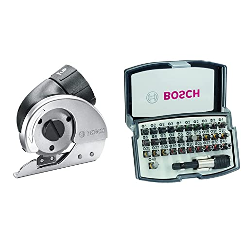 Bosch Allesschneider Aufsatz für IXO (für PVC, Pappe, Leder oder Stoff bis 6 mm) + 32tlg. Schrauberbit Set Extra Hart (Kreuzschlitz-, Pozidriv-, Hex-, T-, TH-, S-Bit, Zubehör) von Bosch Home and Garden