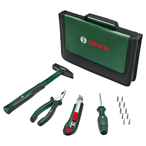 Bosch Easy Starter Handwerkzeug-Set, 14-teilig (Einstiegs-Werkzeug-Set für allgemeine Haushalts- und Heimwerkerarbeiten; Kombizange, Schraubendreher, Cuttermesser, Hammer; 10 Bits) von Bosch Home and Garden