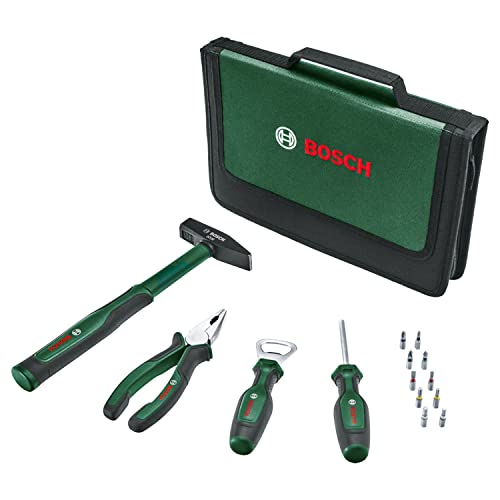 Bosch Home and Garden Easy Starter Handwerkzeug-Set 14-teilig (Starter Tool Kit für grundlegende Haushalts- und Heimwerkeraufgaben; Kombizange, Schraubendreher, Flaschenöffner, Hammer; 10 Bits) von Bosch Home and Garden