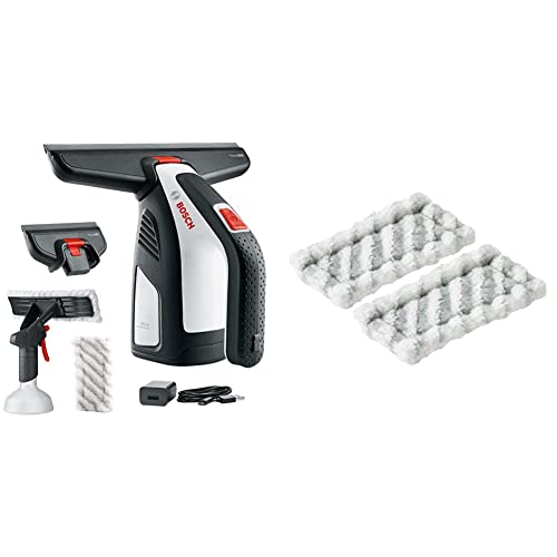 Bosch Home and Garden Akku Fenstersauger GlassVAC (USB Ladegerät, mit Mikrofasertuch, 2 x Aufsatz, 3,6 Volt, 2,0 Ah), Schwarz/Rot/Silber & Bosch F016800574 Kleiner Ersatz-Mikrofaserlappen (2 Stück) von Bosch Home and Garden