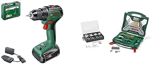 Bosch Home and Garden Akkuschrauber UniversalDrill 18V-60 (1 Akku, 18 Volt System, im Koffer) + Zubehörset X-Line 50Ti plus 173-teiliges Fixier-Set (für Metall, Stein, Holz, Zubehör Bohrmaschine) von Bosch Home and Garden