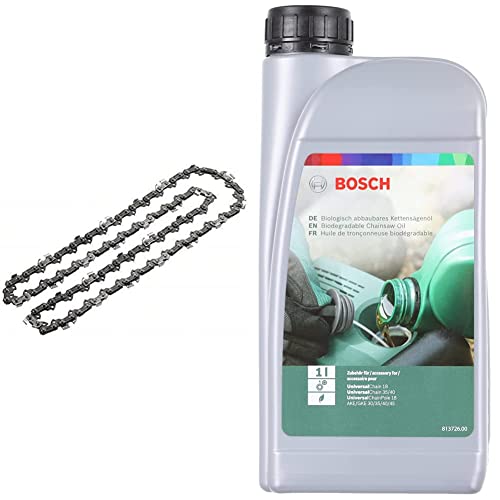 Bosch Home and Garden F016800489 Bosch Ersatzkette (für Universal Chain 18, in Blisterverpackung) & Bosch 2607000181 Kettensägen-Haftöl 1 Liter von Bosch Home and Garden