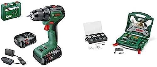 Bosch Home and Garden Home and Garden Akkuschrauber UniversalDrill 18V-60 (2 Akku, 18 Volt System, im Koffer) + Zubehörset X-Line 50Ti plus 173-teiliges Fixier-Set (für Metall, Stein, Holz, Zubehör) von Bosch Home and Garden