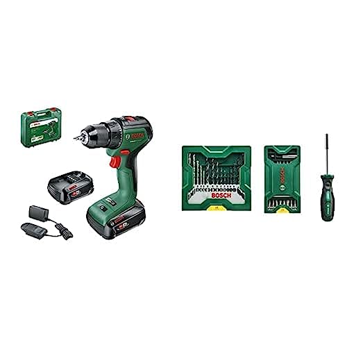 Bosch Home and Garden Home and Garden Akkuschrauber UniversalDrill 18V-60 (2 Akku, 18 Volt System, im Koffer) Schwarz + 25 + 15 + 1 Mini-X-Line Set plus Griff (für Metall, Holz, Stein, Zubehör) von Bosch Home and Garden