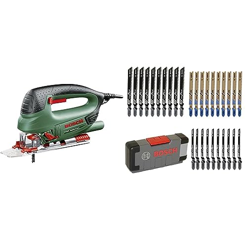 Bosch Home and Garden Pendel-Stichsäge 530W PST 800 PEL im Koffer mit einem Set von 10 Sägeblättern inklusive, 530 W, 230 V, Multi + 30tlg. Stichsägeblatt Set (für Holz und Metall, Zubehör) von Bosch Home and Garden