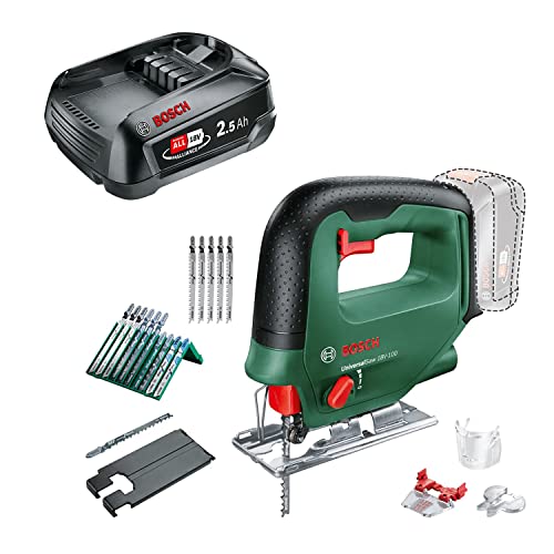 Bosch Akku Stichsäge UniversalSaw 18V-100 (ohne Akku, 18 Volt System, 15 tlg. Stichsägeblatt-Set, im Karton) + Bosch Akku PBA 18V 2.5Ah (18 Volt System, 2.5Ah Akku, im Karton) von Bosch Home and Garden