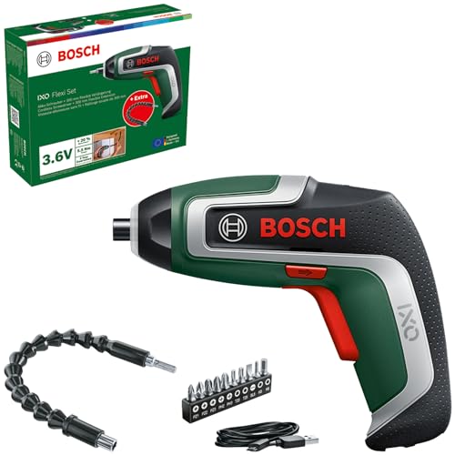 Bosch Kompakter Akku-Schrauber IXO, Flexi-Set (für flexibles Schrauben; 7. Generation; 3,6 V; 2,0 Ah; mit flexibler Erweiterung und Micro-USB-Kabel; Biegung bis 180°; 10 x Bit) von Bosch Home and Garden