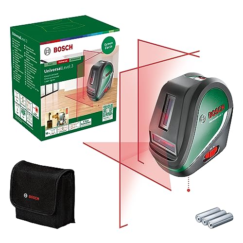 Bosch Kreuzlinienlaser UniversalLevel 3 (Laserkreuz mit zusätzlicher Vertikallinie im 90°-Winkel für ein zusätzliches Laserkreuz an der Decke und unterem Lotpunkt zum genauen Ausrichten, im Karton) von Bosch Home and Garden