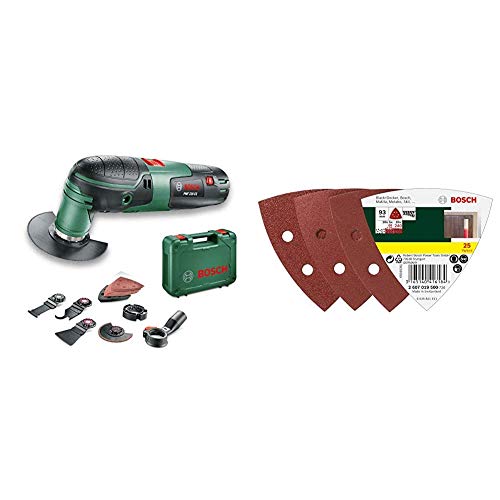 Bosch Multifunktionswerkzeug PMF 220 CE Set (220 Watt, im Koffer) & 25tlg. Schleifblatt-Set verschiedene Materialien für Deltaschleifer (Körnung 60/120/240, 6 Löcher) von Bosch Home and Garden