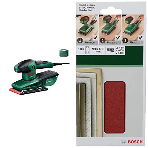 Bosch PSS 200 AC Schwingschleifer 200 W - Bandschleifmaschinen (Handschleifer, Schwingschleifer) + 10tlg. Schleifblatt-Set (für Schwingschleifer verschiedene Materialien, 93 x 185 mm, K 60/120/180) von Bosch Home and Garden