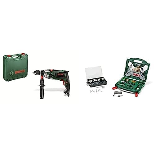 Bosch Schlagbohrmaschine AdvancedImpact 900 (Zusatzhandgriff, Tiefenanschlag, Koffer, 900 Watt) + Zubehörset X-Line 50Ti plus 173-teiliges Fixier-Set (für Metall, Stein, Holz, Zubehör Bohrmaschine) von Bosch Home and Garden