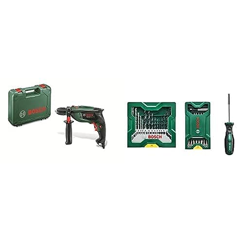 Bosch Schlagbohrmaschine UniversalImpact 700 (Zusatzhandgriff, Tiefenanschlag, Koffer, 700 Watt) + 25 + 15 + 1 Mini-X-Line Set plus Griff (für Metall, Holz, Stein, Zubehör Bohrmaschine) von Bosch Home and Garden