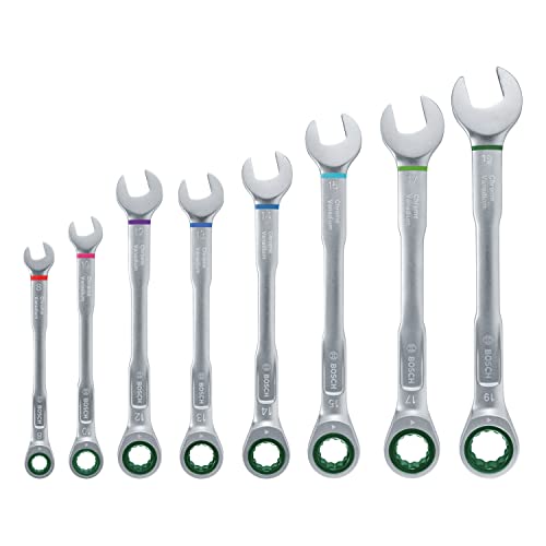 Bosch Schraubenschlüssel/Ratschen-Kombischlüssel-Set, 8-teilig (Ultimativer Komfort durch Kombination aus Maul-und Ratschenschlüssel, hochwertig und rostbeständig; farbcodierte Größenangabe) von Bosch Home and Garden