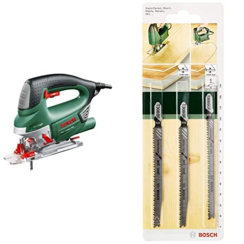 Bosch Stichsäge PST 1000 PEL (650 Watt, im Koffer) + 3tlg. Stichsägeblatt-Set Extra Clean for Hard Wood zum Sägen in Hartholz von Bosch Home and Garden