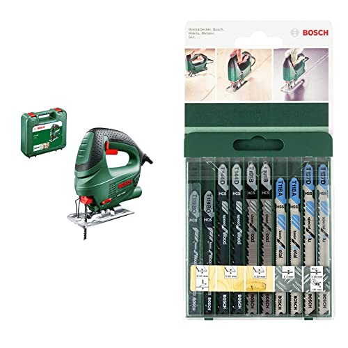 Bosch Stichsäge PST 650 (Schnitttiefe in Stahl/Holz 4mm/65mm, im Koffer) + 10tlg. Stichsägeblatt Set Wood and Metal (Holz und Metall) von Bosch Home and Garden