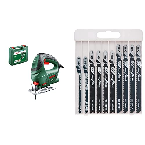 Bosch Stichsäge PST 700 E (1x Sägeblatt, Koffer, 500 Watt) + 10tlg. Stichsägeblatt Set Basic for Wood (für Holz, Zubehör Stichsäge) von Bosch Home and Garden