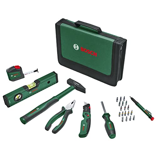 Bosch Universal-Handwerkzeug-Set, 25-teilig (vielseitiges Werkzeug-Set für allgemeine Arbeiten rund ums Haus; Klappmesser; Kombizange; Maßband; Wasserwaage und mehr) - Amazon Edition von Bosch Home and Garden