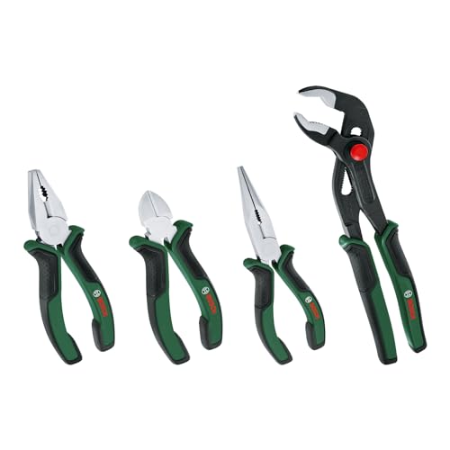 Bosch Zangen-Set, 4-teilig (160mm Seitenschneider, 180mm Kombinationszange, 180mm Spitzzange, 250mm Wasserpumpenzange für für anspruchsvolle Aufgaben; ergonomischer Softgrip) von Bosch Home and Garden