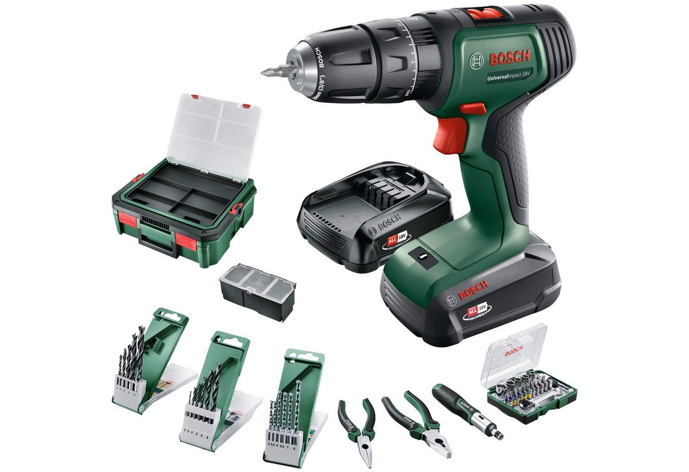 Bosch Home & Garden Akku-Schlagschrauber UniversalImpact 18V + 46AC set + AL18V-20, 1450 U/min, 34 Nm, (Set), Akku-Schlagbohrschrauber in Systembox S, mit umfangreichem Zubehör von Bosch Home & Garden