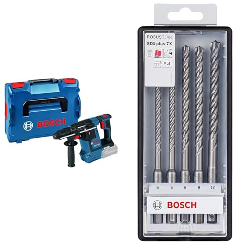 Akku-Bohrhammer BOSCH PROFESSIONAL SDS plus GBH 18V-26 Solo L-BOXX + 5x Expert SDS plus-7X Hammerbohrer Set (für Stahlbeton, Ø 6-10 mm, Zubehör) von Bosch Professional