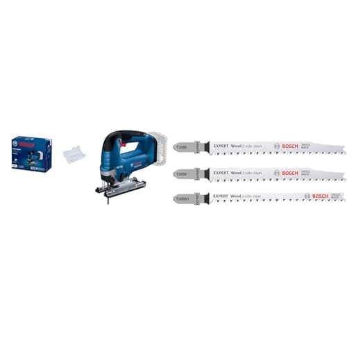 Bosch 06015B3021 Professional GST 185-LI Akku-Stichsäge Solo (Karton) + 3x Stichsägeblatt Set Expert ‘Wood 2-Side Clean‘ (für Sperrholz, Massivholz-Möbelplatte, Länge 117 mm) von Bosch Professional