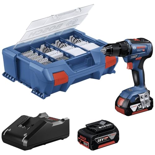 Bosch Professional 18V System Akku Bohrschrauber GSR 18V-55 (max. Drehmoment 55 Nm, 1.800 min⁻¹, inkl. 2x 4.0Ah Akku, Ladegerät GAL 18V-20, 82-teiliges Zubehör-Set, L-Case Pick & Click) von Bosch Professional