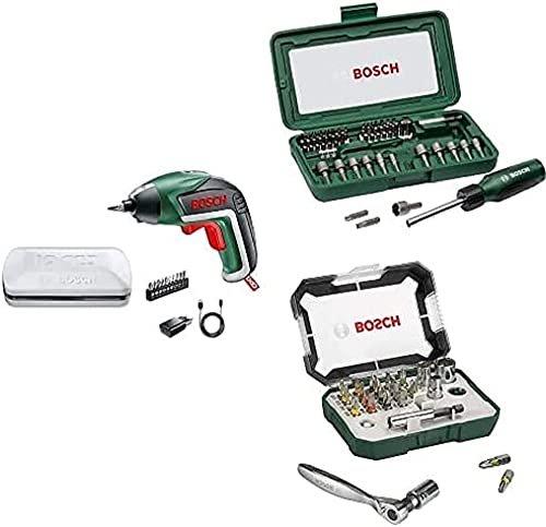 Bosch Akkuschrauber IXO (5. Generation, in Aufbewahrungsbox) + Bosch 46tlg. Schraubendreher Set + Bosch 26tlg. Schrauberbit- und Ratschen-Set von Bosch Professional