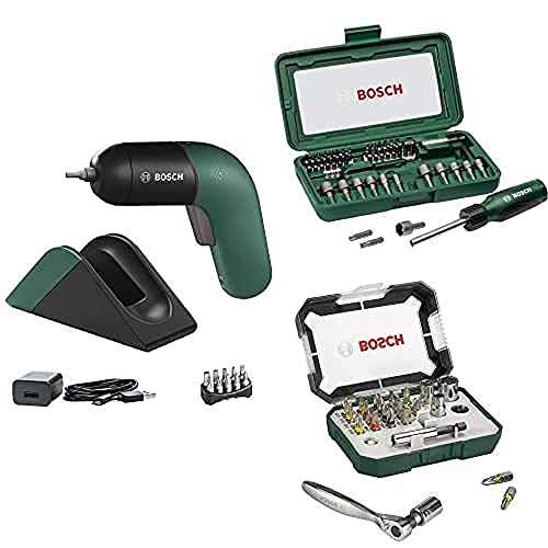 Bosch Akkuschrauber IXO grün + Bosch 46tlg. Schraubendreher Set + Bosch 26tlg. Schrauberbit- und Ratschen-Set von Bosch Professional