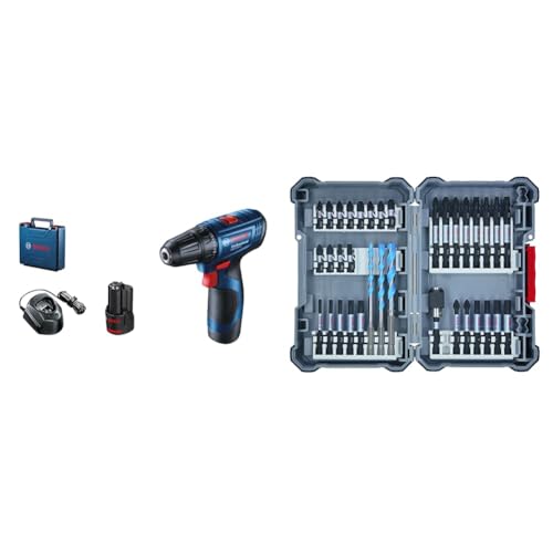 Bosch GSR 120-LI Akku-Bohrschrauber (2x2,0Ah) + 35tlg. MultiConstruction Bohrer- und Impact Control Schrauberbit-Set, Zubehör von Bosch Professional