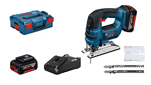 Bosch Professional 18V System Akku Stichsäge GST 18V-LI B (inkl. 2x4.0 Ah Akku, Schnellladegerät, 3xStichsägeblatt, Abdeckhaube, in L-BOXX 136) von Bosch Professional