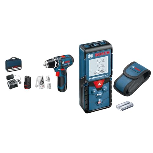 Bosch Professional 12V Akku-Bohrschrauber GSR 12V-15 (2x2.0 Akku, Ladegerät, 39tlg.-Zubehör-Set) & Laser Entfernungsmesser GLM 40 (Flächen-/Volumenberechnung, max. Messbereich 40 m, 2x 1,5-V) von Bosch Professional