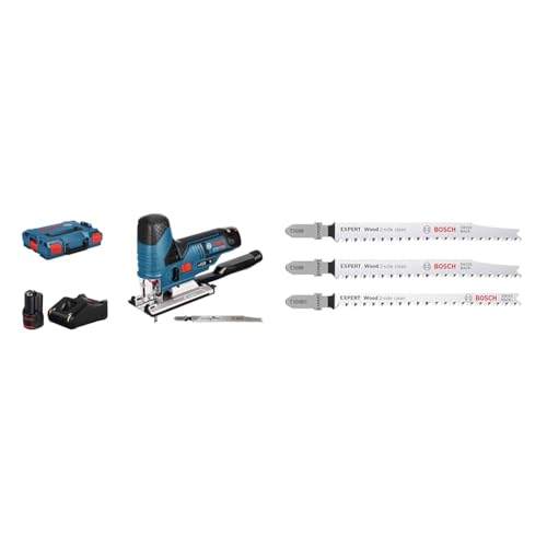 Bosch Professional 12V Akku Stichsäge GST 12V-70 (inkl. 2x Sägeblatt, Akkus & Ladegerät, in L-BOXX) + 3x Stichsägeblatt Set Expert ‘Wood 2-Side Clean‘ (für Sperrholz, Massivholz-Möbelplatte, L 117 mm) von Bosch Professional