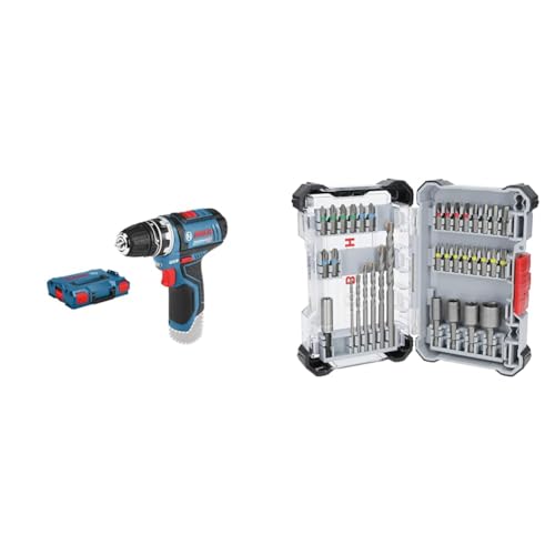 Bosch Professional 12V System Akku Bohrschrauber - FlexiClick System (inkl. Bohrfutteraufsatz GFA 12-B, 2x L-BOXX-Einlage, L-BOXX) + 35x Extra Hard Schrauberbit‑ und CYL-3 Bohrer-Set (197 x 110,5 mm) von Bosch Professional