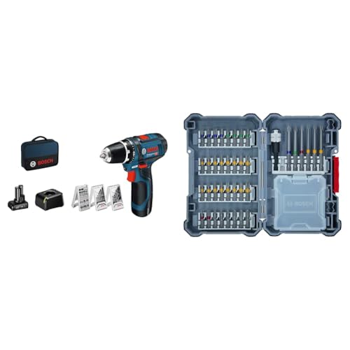 Bosch Professional 12V System Akku Bohrschrauber GSR 12V-15 (39 tlg. Zubehörset, 1x 2.0Ah Akku, 1x 4.0Ah Akku, in Tasche)+ 40-tlgs. Bohrer Bit Set (extra harte Schrauber Bits, mit Universalhalter) von Bosch Professional