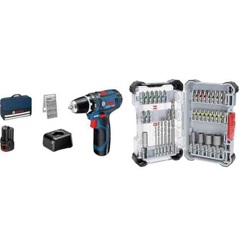 Bosch Professional 12V System Akku Bohrschrauber GSR 12V-15 (inkl. 2x 2.0Ah Akku, Ladegerät, 25-tlg.-Bit-Set) + 35x Extra Hard Schrauberbit‑ und CYL-3 Bohrer-Set, 35‑tlg. (197 x 110,5 mm, Zubehör) von Bosch Professional