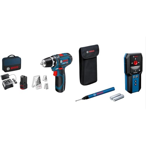 Bosch Professional 12V Akku-Bohrschrauber GSR 12V-15 (2x2.0 Akku, Ladegerät, 39tlg.-Zubehör-Set) & Ortungsgerät GMS 120-27 (max. Detektionstiefe Metall/Leitungen: 120mm/50mm, Markierstift) von Bosch Professional
