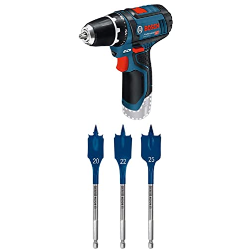 Bosch Professional 12V System Akku Bohrschrauber GSR 12V-15 (ohne Akkus und Ladegerät, im Karton) + 7X Expert SelfCut Speed Flachfräsbohrer Set (für Weichholz, Grobspanplatte, Ø 16-32 mm, Zubehör) von Bosch Professional