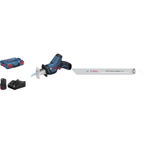 Bosch Professional 12V System Akku Säbelsäge GSA 12V-14 (inkl. 2 Sägeblätter, 2x 3.0Ah Akkus & Ladegerät) + 5x PRO Pallet S1022HFR Repair fast Säbelsägeblatt (für Stahl, Holz mit Nägeln, Länge 200 mm) von Bosch Professional